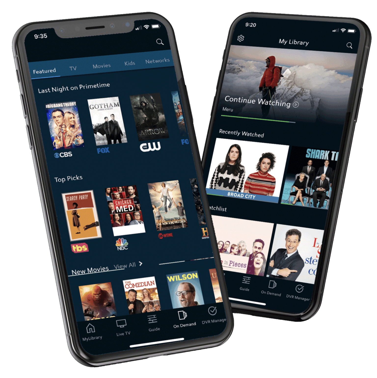 close up of two mobile phones displaying TB and movie selections in Charter app.