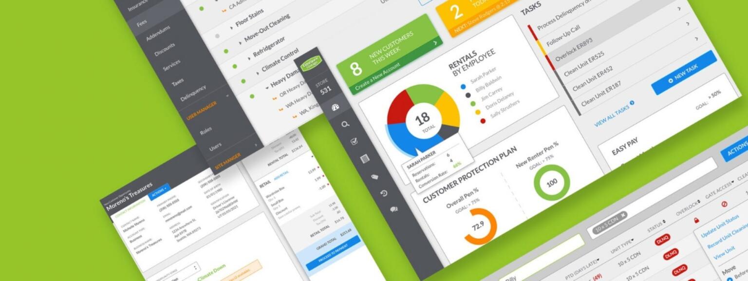 Collage of screens featuring a variety of colorful charts against bright green background.