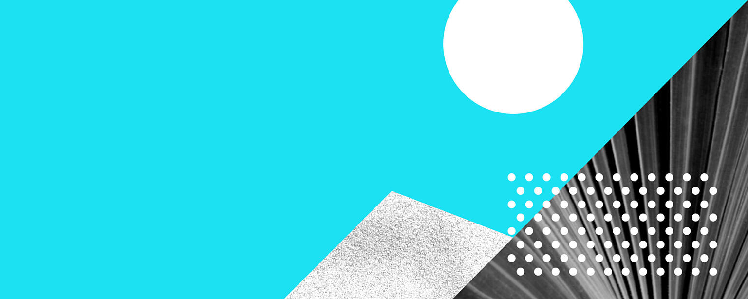 Graphic illustration in cyan and greyscale.