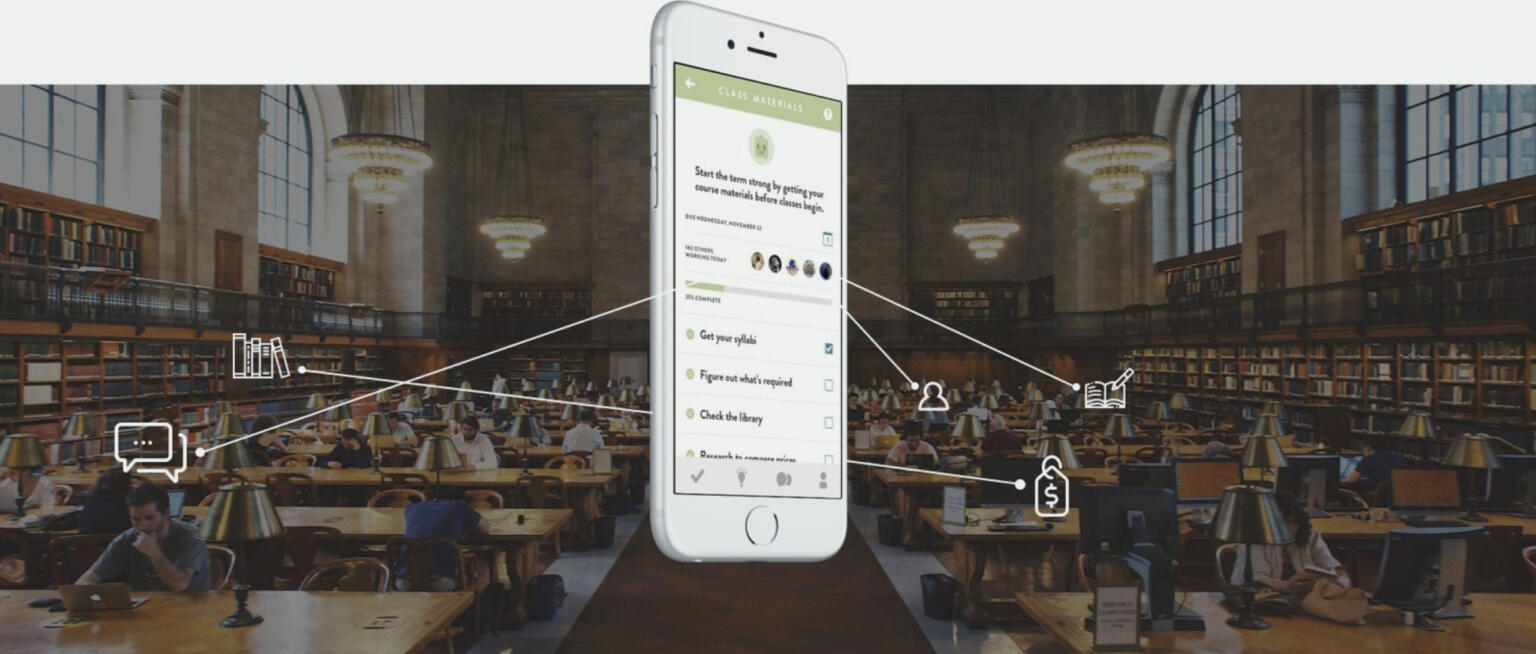 Beyond12 app with icons floating over a pic of a large college library reading room.