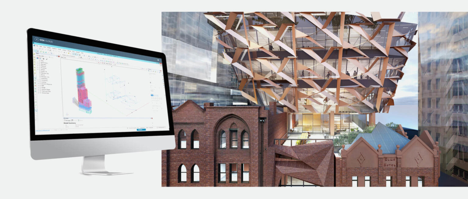 architectural renderings with overlay of iMac screen with testing results.