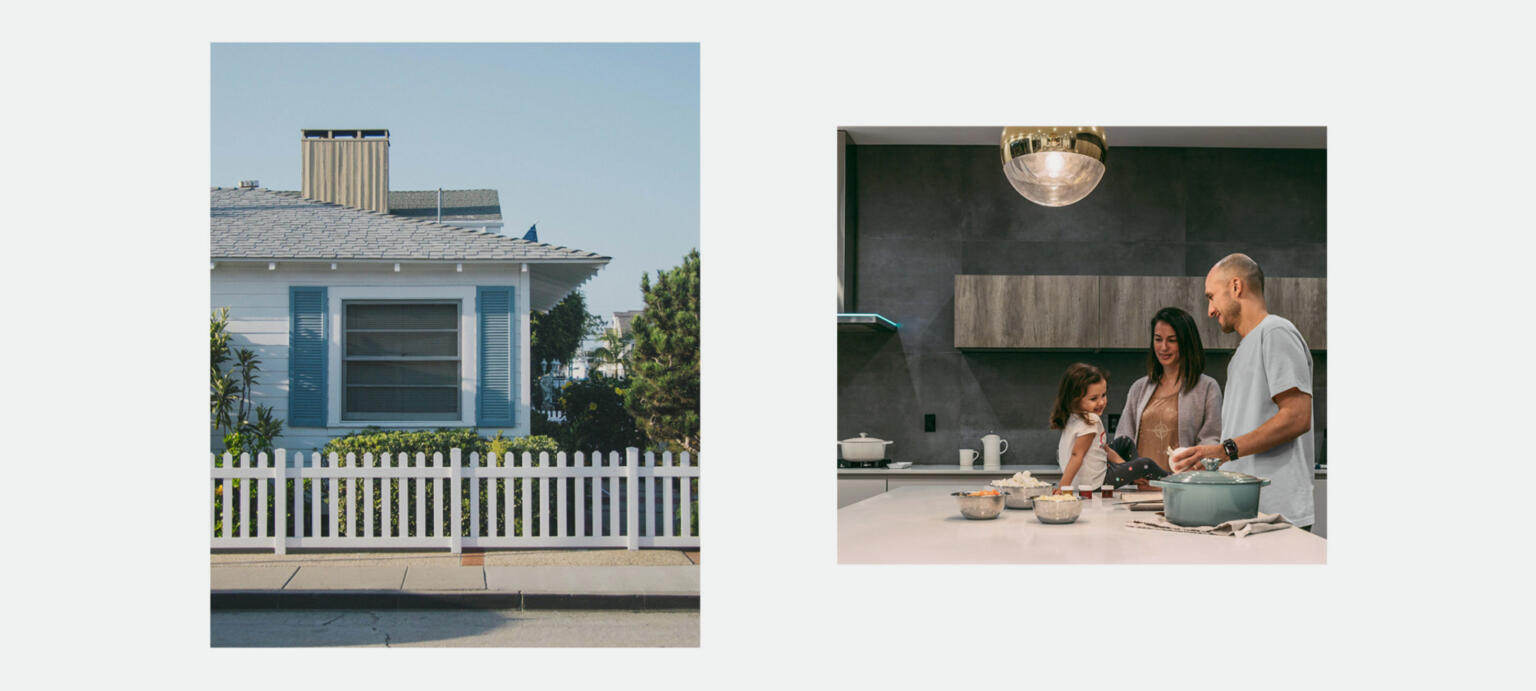 two photos: one showing a white picket fence the other showing a family cooking together.