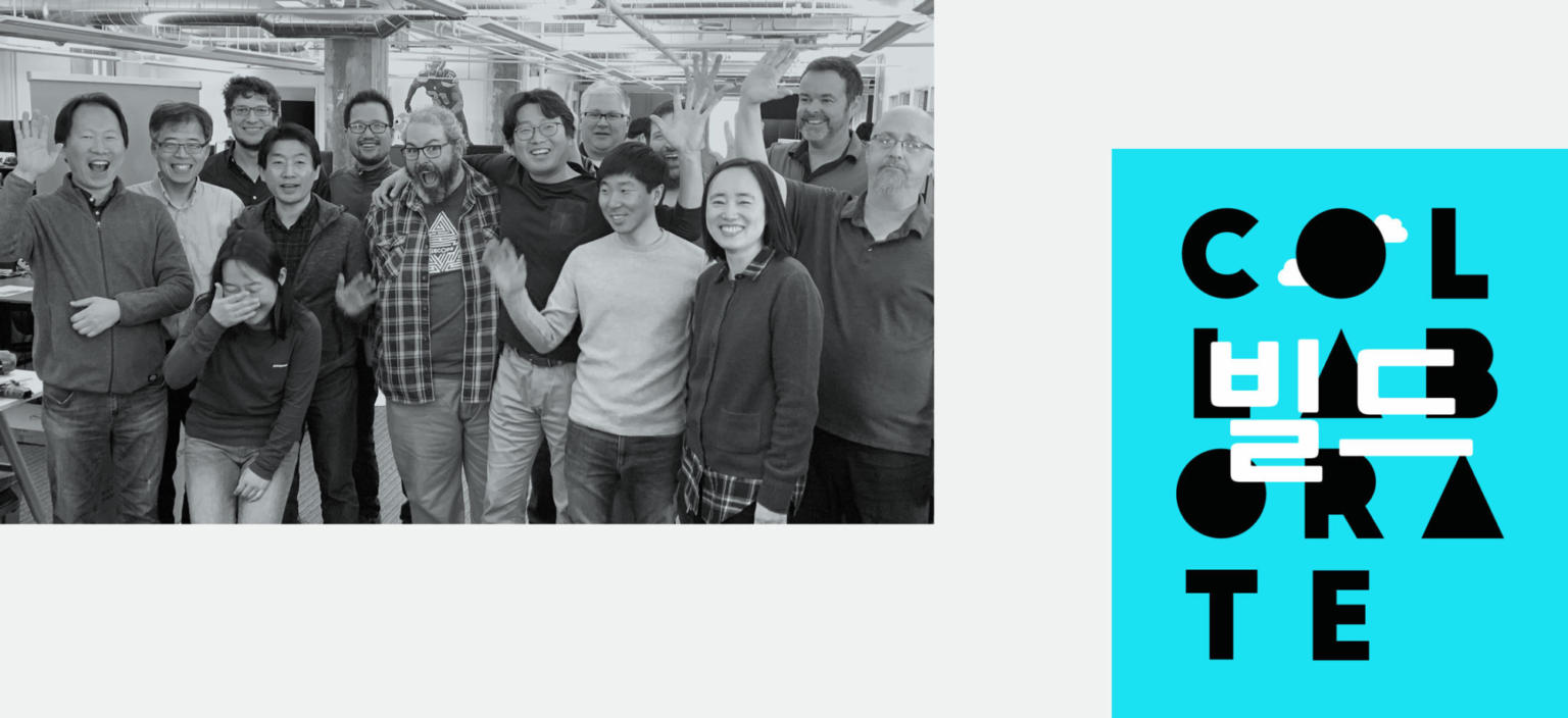 graphic illustration of group of people smiling at camera, plus a poster that reads collaborate.