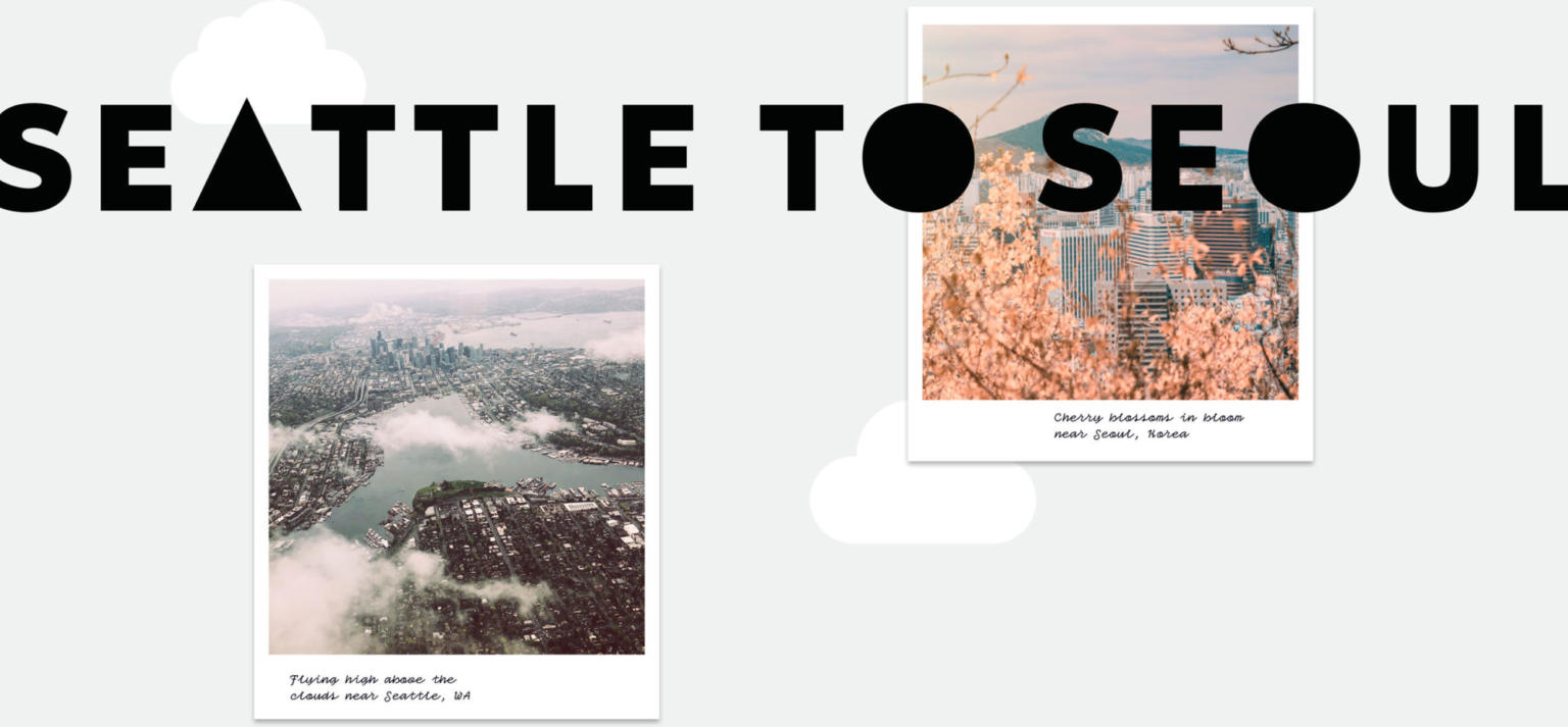 photo illustration with 2 polaroids of Seattle from the air and cherry blossoms in bloom.