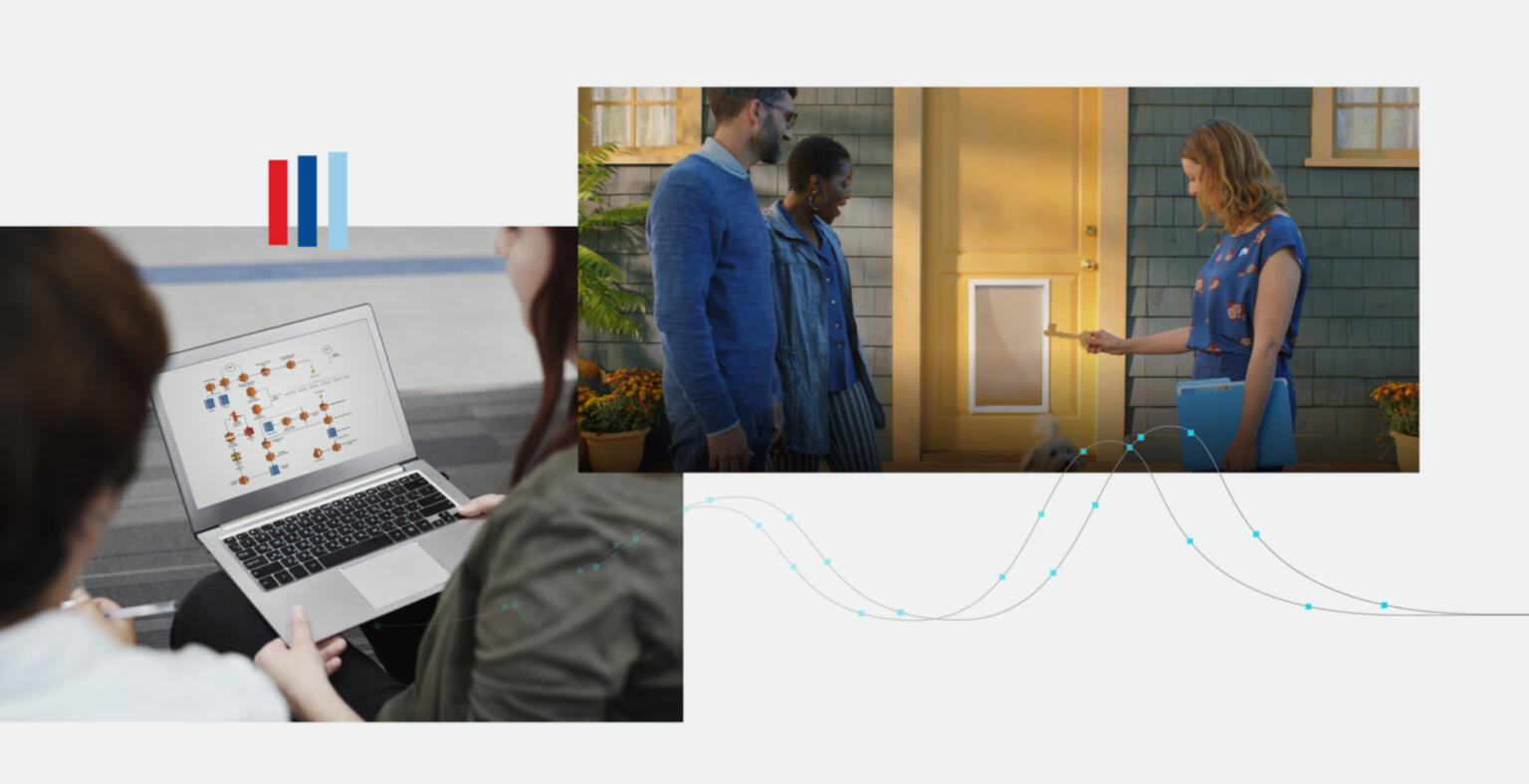 Photo collage featuring 2 people working at a laptop and a realtor showing 2 people a home.