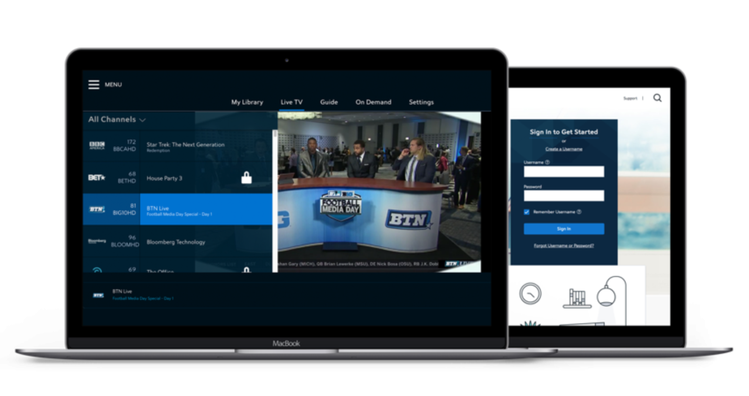 Close up of laptop screens with TV schedule and sportscasters at a desk.