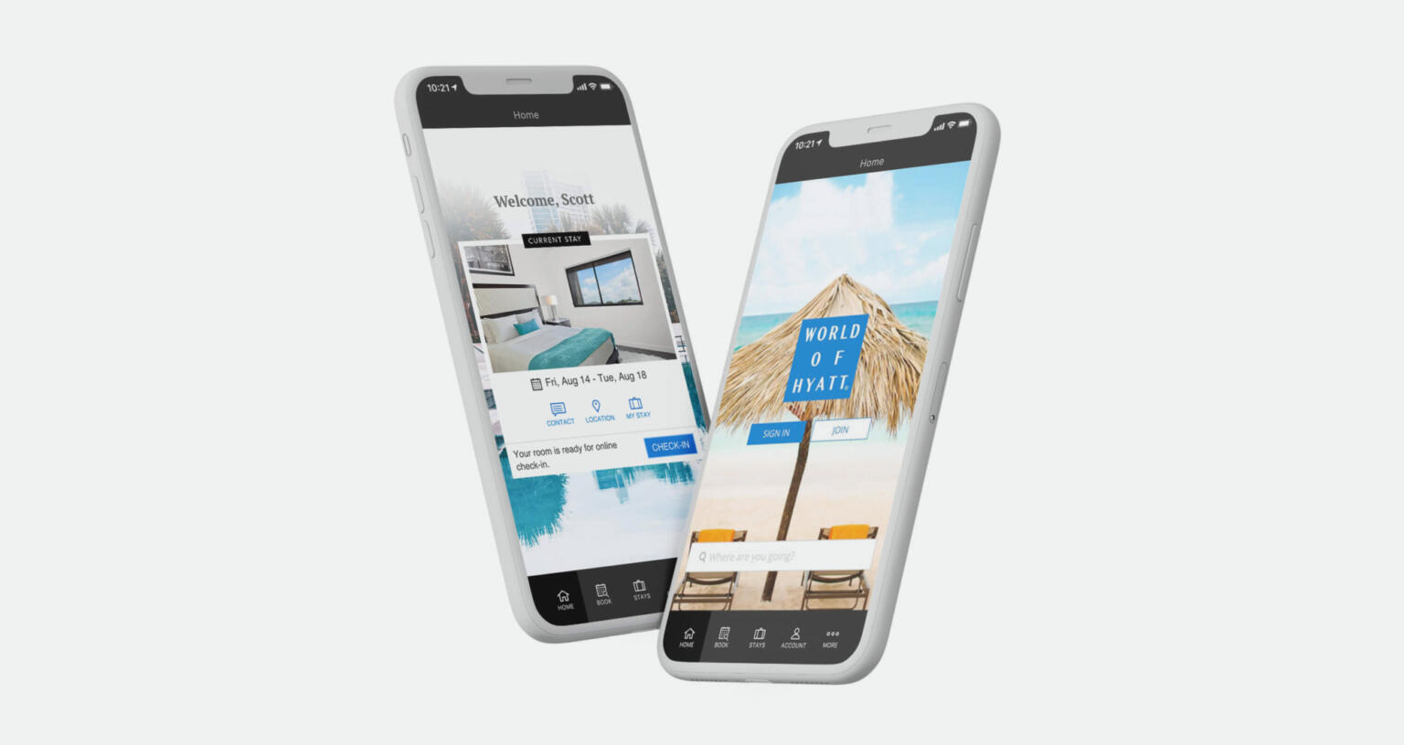 Close up of World of Hyatt app screen on two mobile phones.