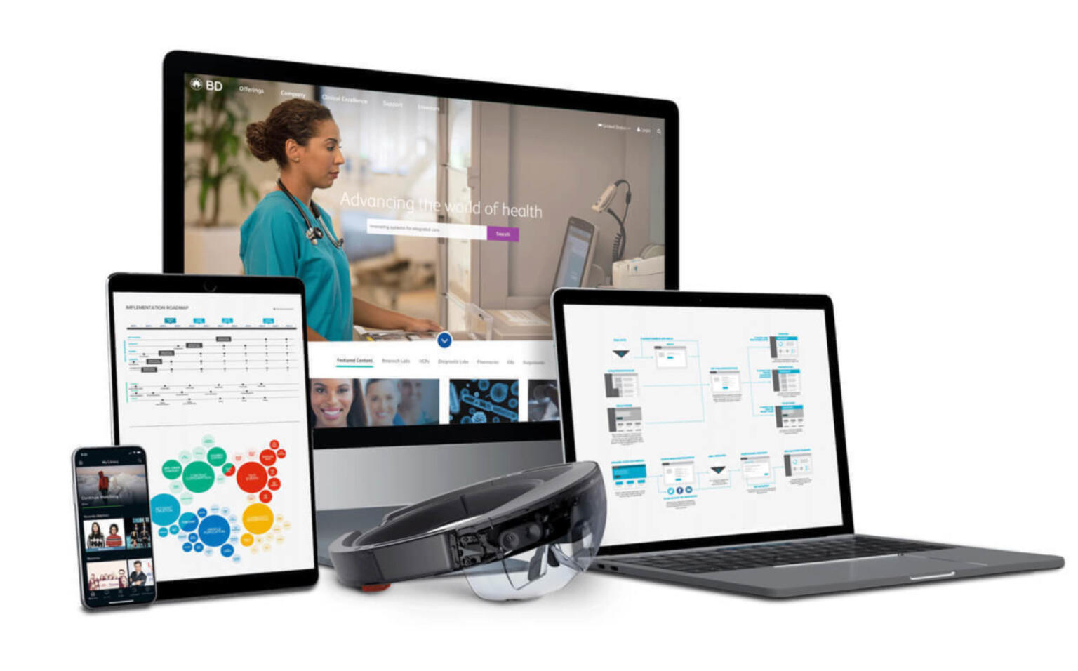 Photo mockup featuring several devices and a Hololens.