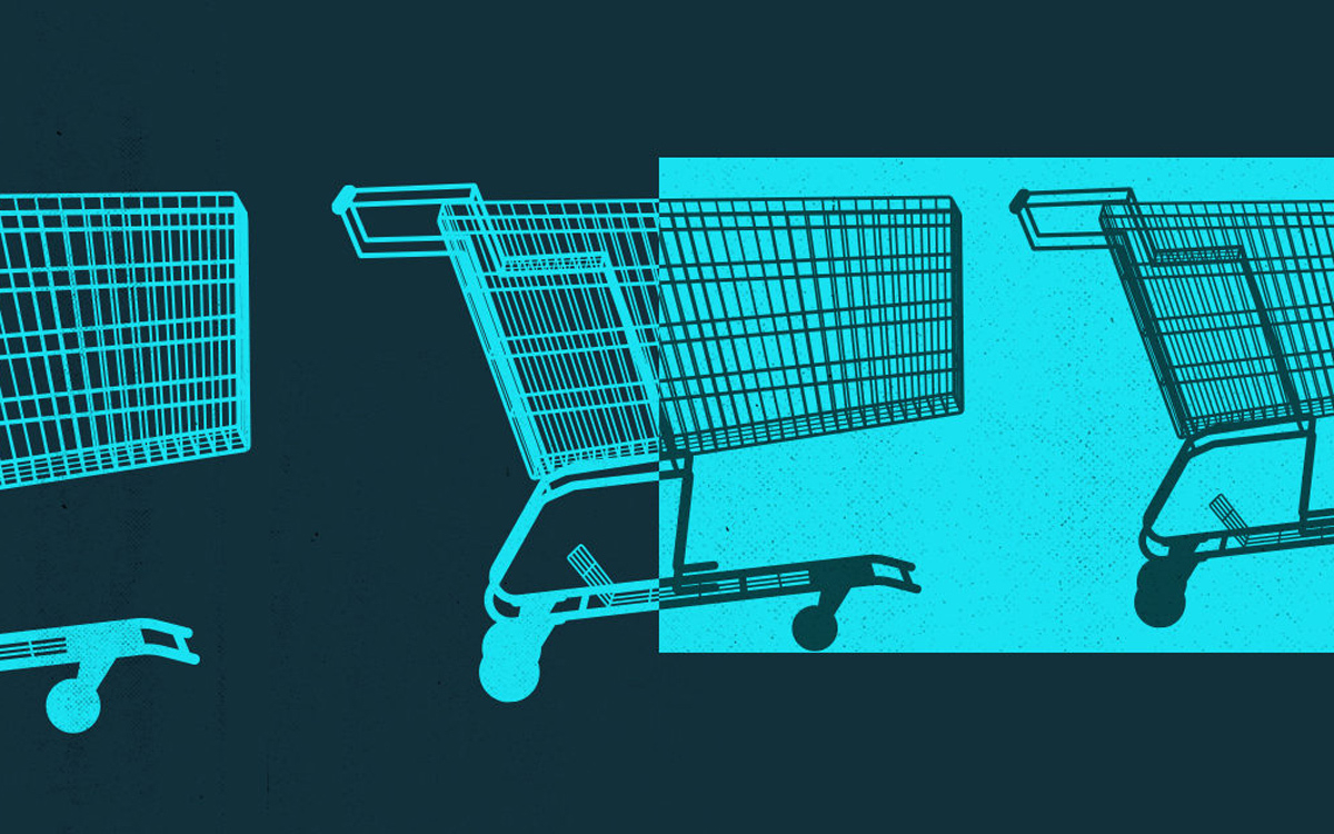 Graphic illustration of cyan shopping carts against black background for Cloud Tech article.