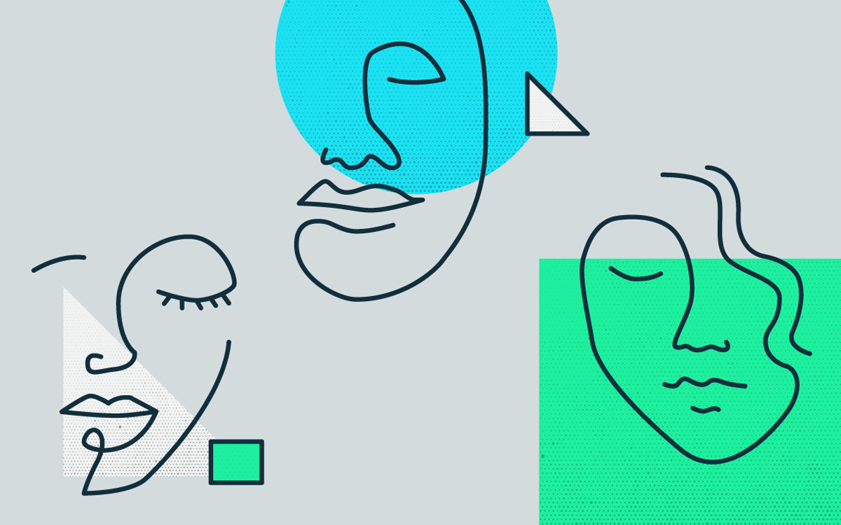 Contour line drawings of faces with green and cyan shapes for Age of Empathy article.