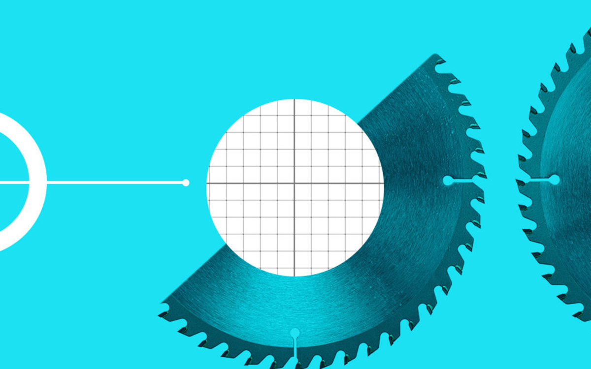Graphic illustration for Sharpening your Saw article, cyan, circular saw blades.