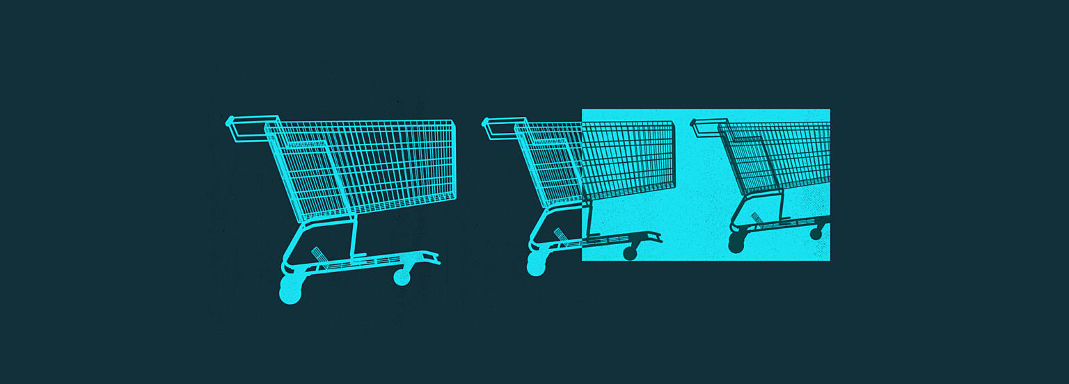 Graphic illustration of cyan shopping carts against black background for Cloud Tech article.