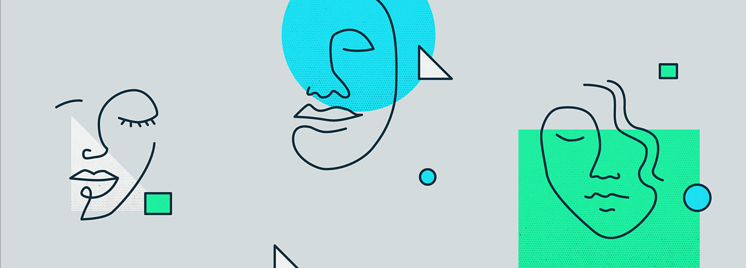 Contour line drawings of faces with green and cyan shapes for Age of Empathy article.