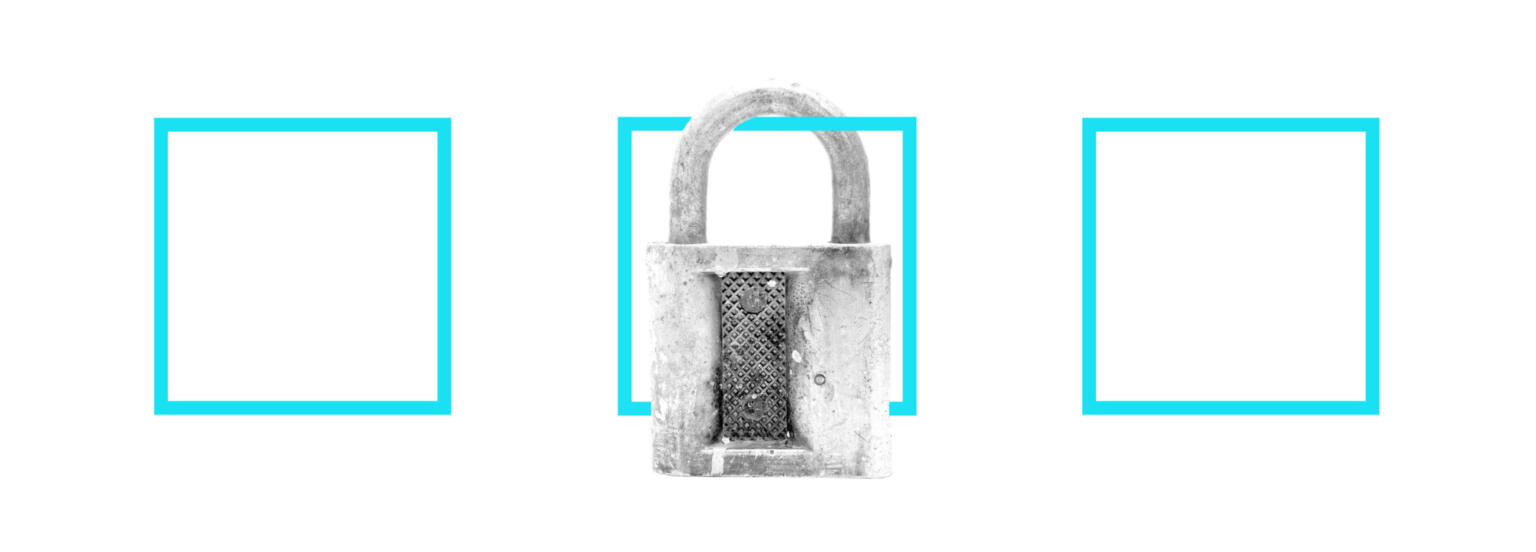 Graphic illustration with a padlock surrounded by cyan square for data security article.
