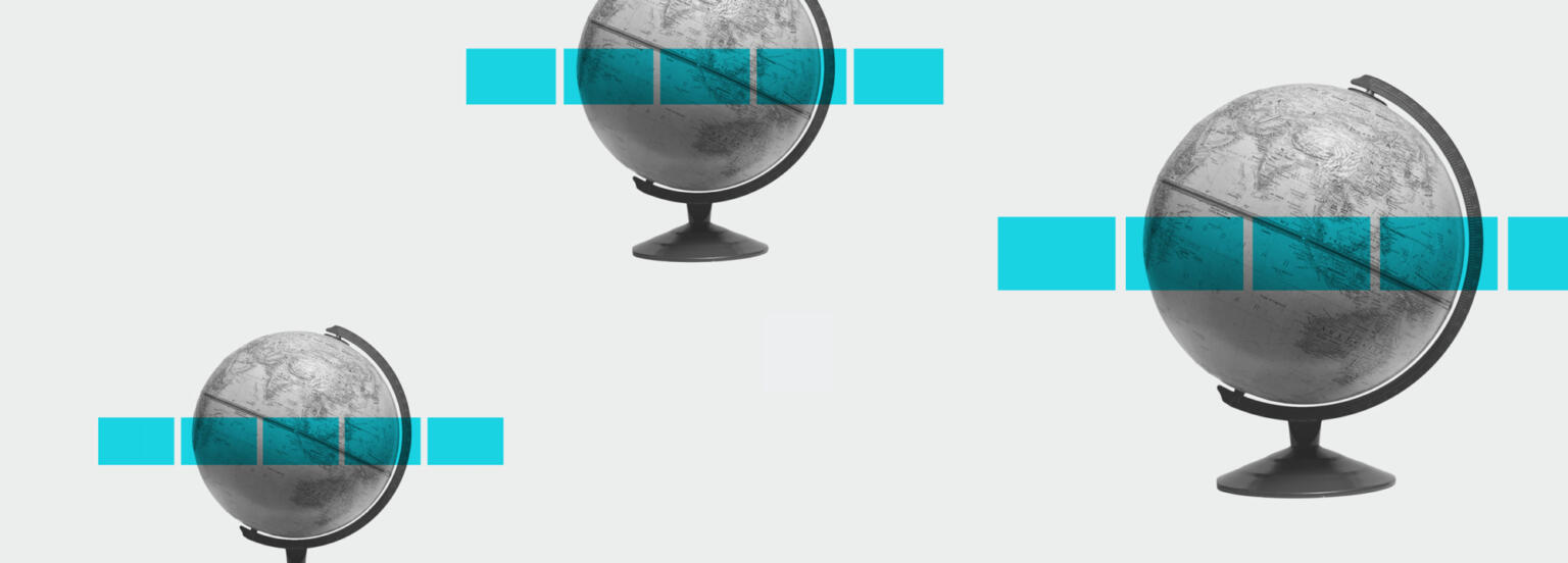 Graphic illustration of 3 globes with cyan squares over for Virtual Delivery article.