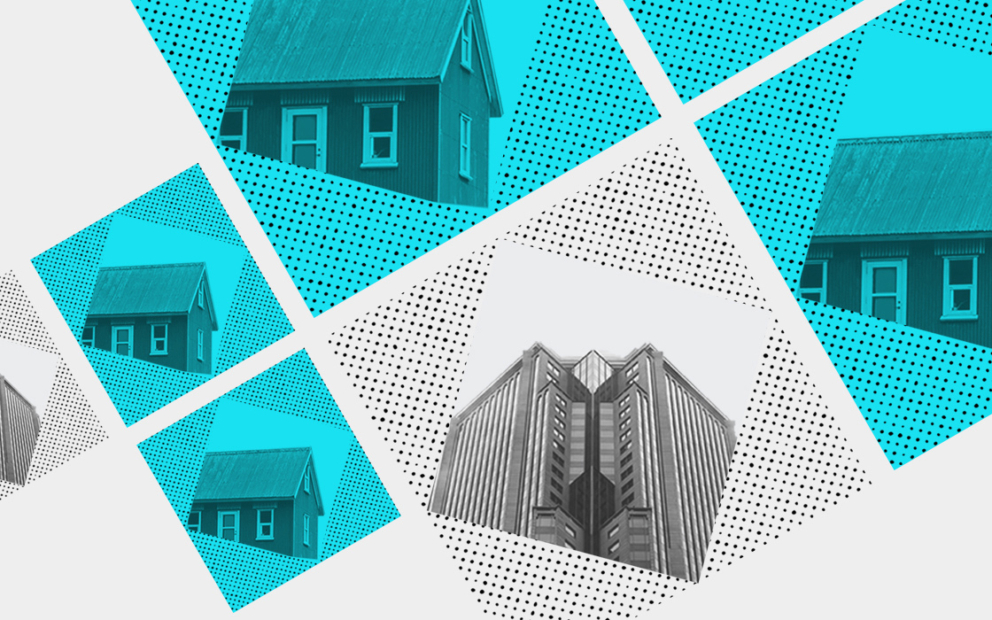 Graphic illustration of buildings in cyan and grey squares.