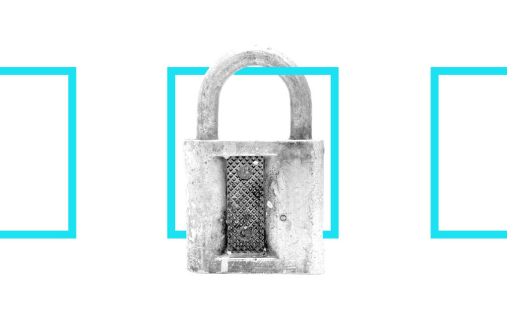 Graphic illustration with a padlock surrounded by cyan square for data security article.