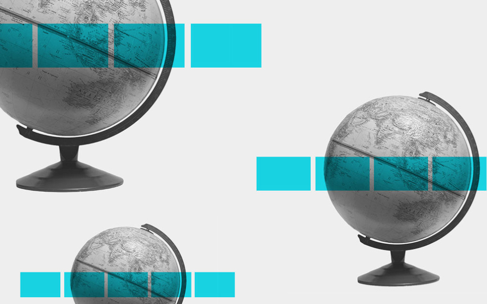 Graphic illustration of 3 globes with cyan squares over for Virtual Delivery article.